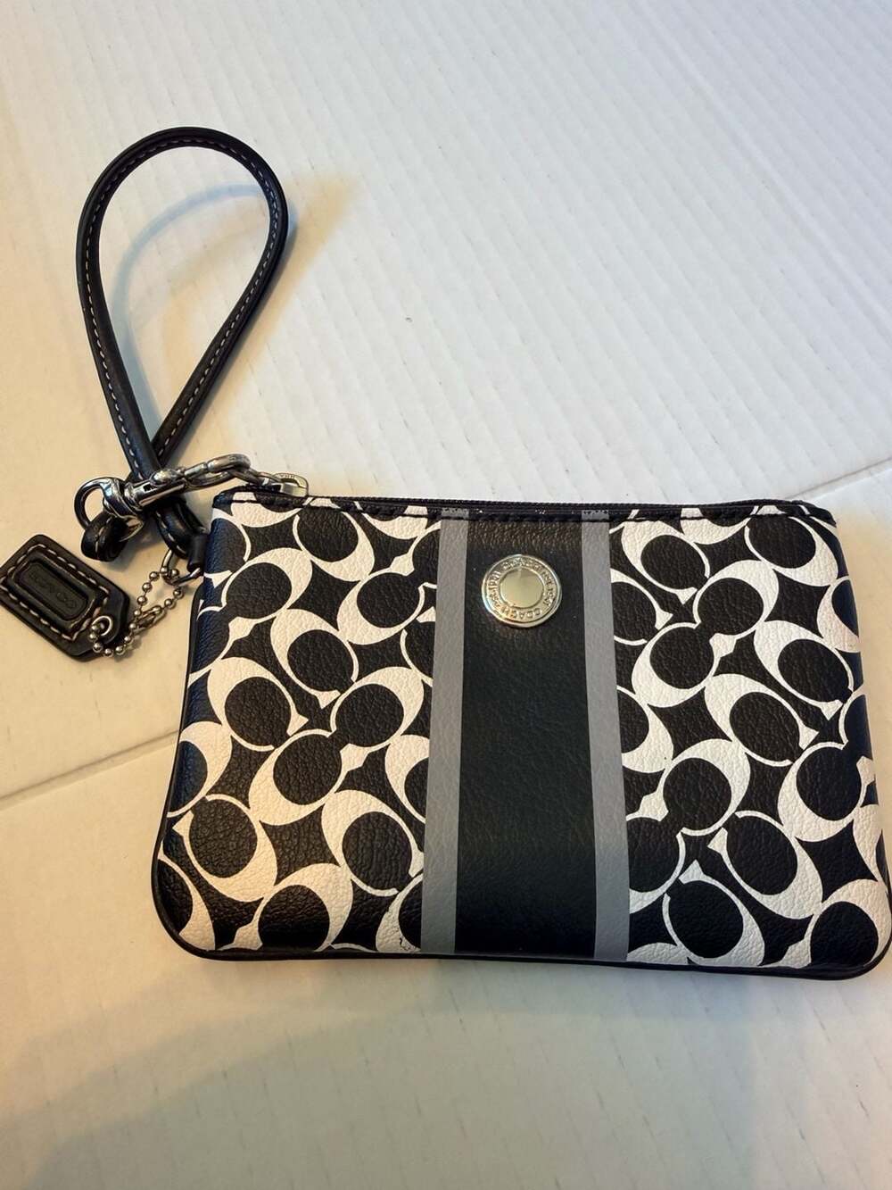 Y2K Vintage Coach Signature C Black and White Striped Wristlet